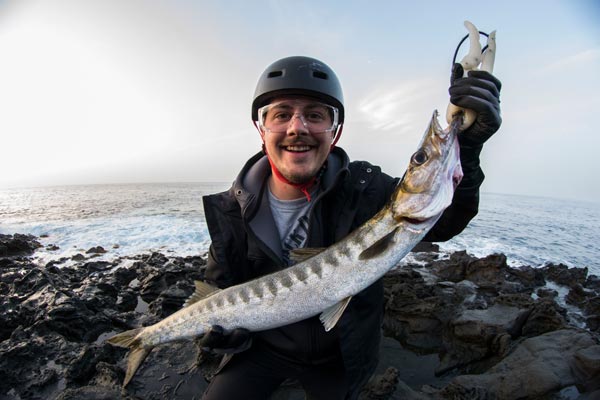 Barracuda in Palermo fishing are, Sicily with helmet and glasses.